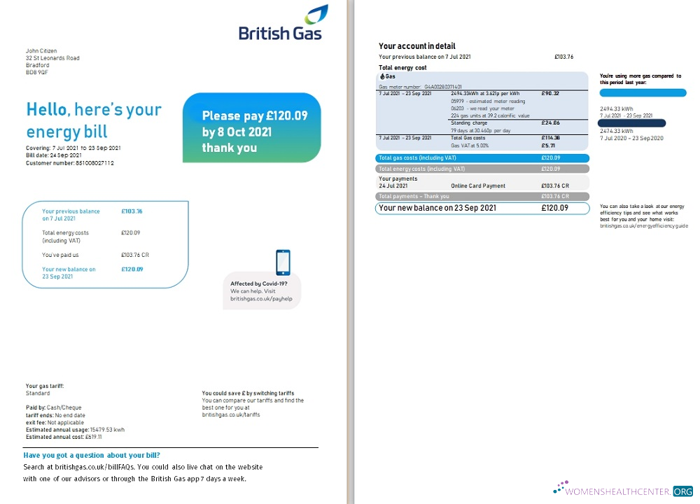 download United Kingdom British Gas utility bill template in Word and PDF format (2 pages), version 3 PDF template